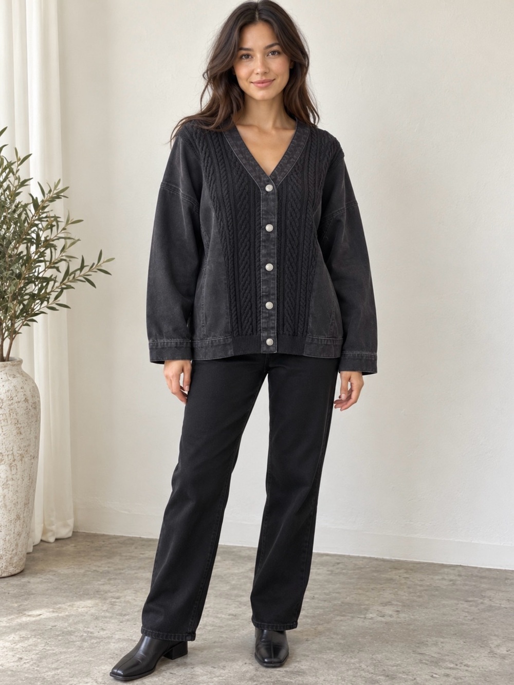 ZARA Black Cable Knit Denim Cardigan Jacket Size M